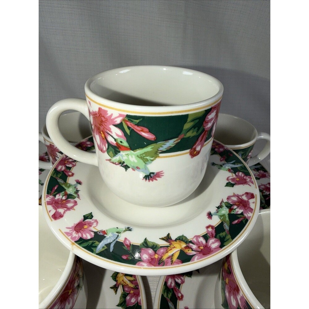 Tienshan Stoneware Hummingbird Cup and Saucer Set, 90s Hibiscus Floral Nature